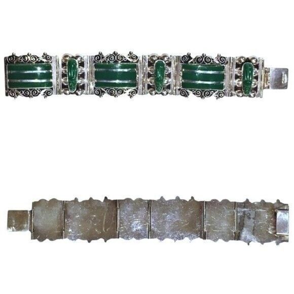 Vintage Sterling Mexico Silver & Jade Bracelet - Picture 3 of 7